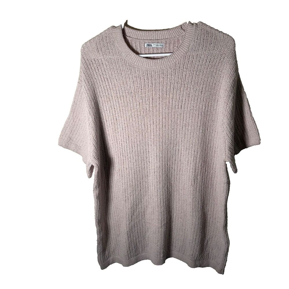 Zara Knit Shirt Men's XL Beige Sweater Short Sleeve Crew Neck Casual